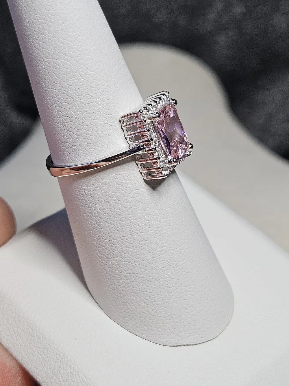 Sterling Silver Ring with Pink Rectangular Center Stone and Halo